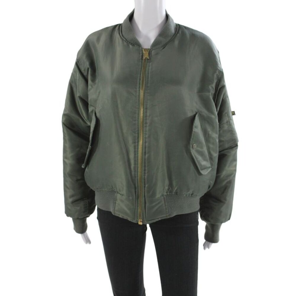 Unemployed Denim Women Bomber Jacket Green Nylon Zip Military Size M